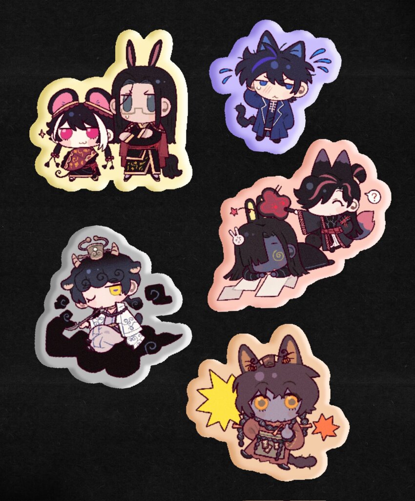 3girls, 4boys, :3, ?, @_@, animal_ears, black_background, black_dress