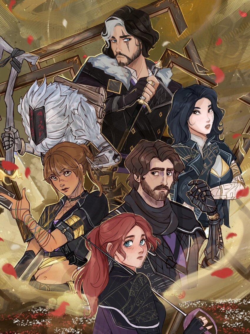 3girls, beard, black_capelet, black_coat, black_gloves, black_hair, blue_eyes, braid