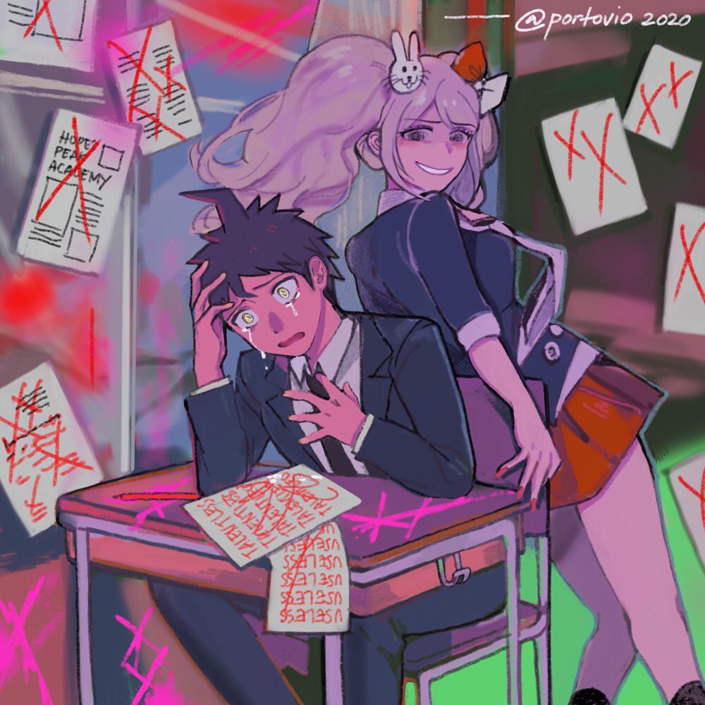 1boy, 1girl, ahoge, alternate_universe, black_jacket, black_necktie, black_pants, blonde_hair