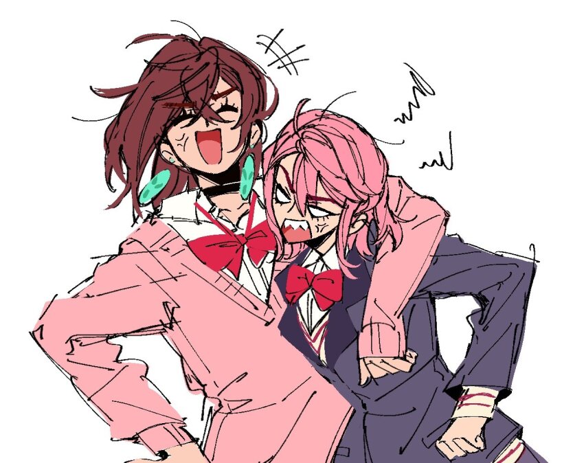 2girls, anger_vein, arm_around_shoulder, ayase_momo, bow, bowtie, brown_hair, closed_eyes