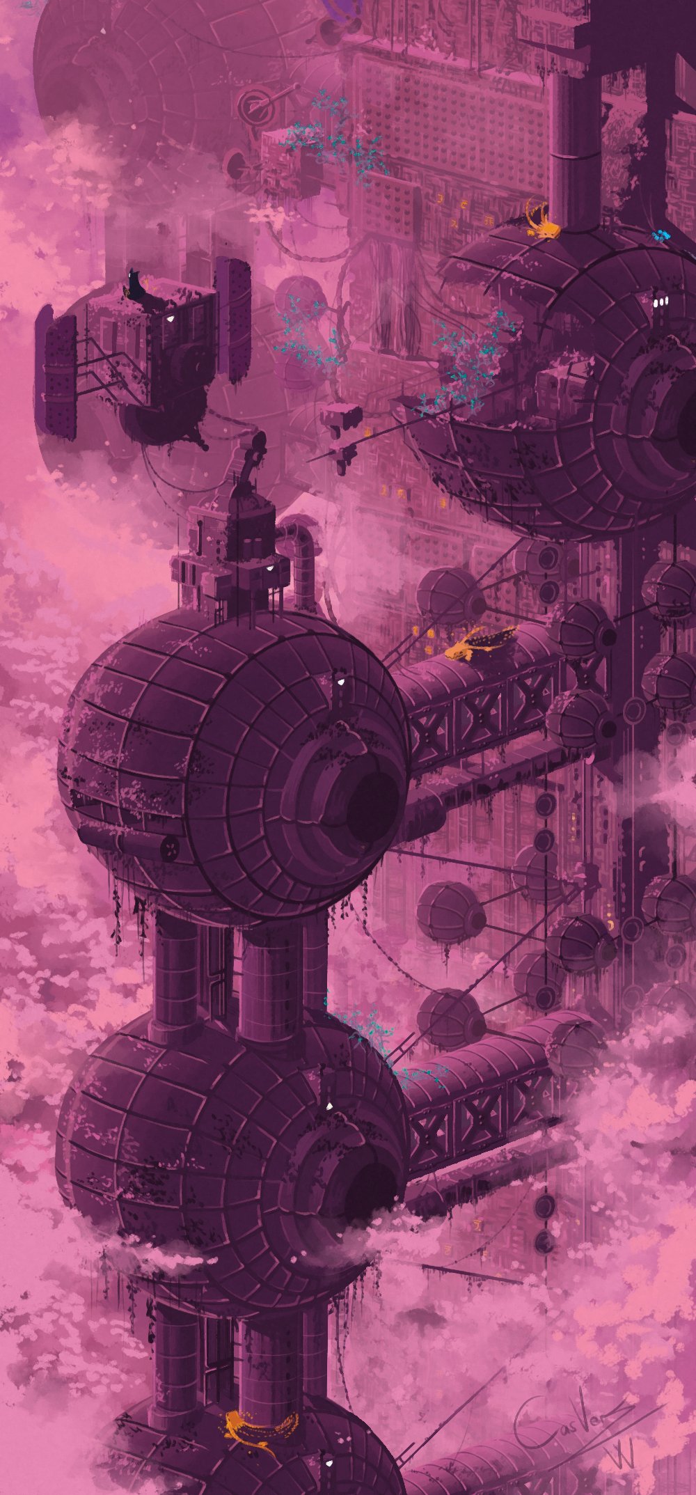 building, casver_w, cityscape, commentary, creature, day, english_commentary, highres, lizard_(rain_world), no_humans, outdoors, pink_theme, radio_antenna, rain_world, signature, slugcat, smoke, watcher_(rain_world), yellow_lizard_(rain_world)
