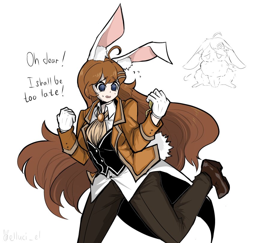 1girl, absurdres, ahoge, alternate_costume, animal_ears, ascot, black_pants, black_vest