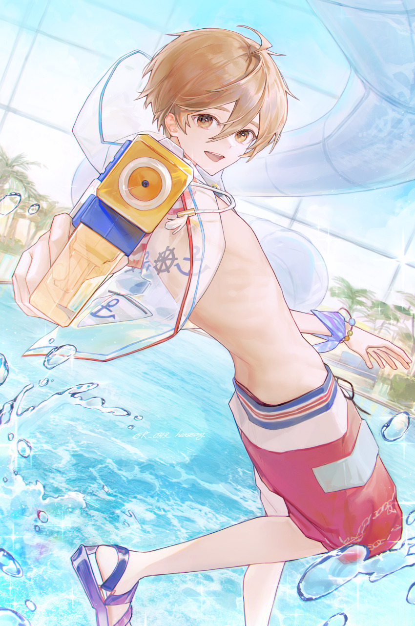 1boy, absurdres, bishounen, bracelet, brown_eyes, brown_hair, ensemble_stars!, h_0313_k0, highres, holding, holding_water_gun, jewelry, looking_at_viewer, male_focus, mashiro_tomoya, open_mouth, see-through_clothes, short_hair, shorts, skinny, solo, teeth, upper_teeth_only, water, water_gun