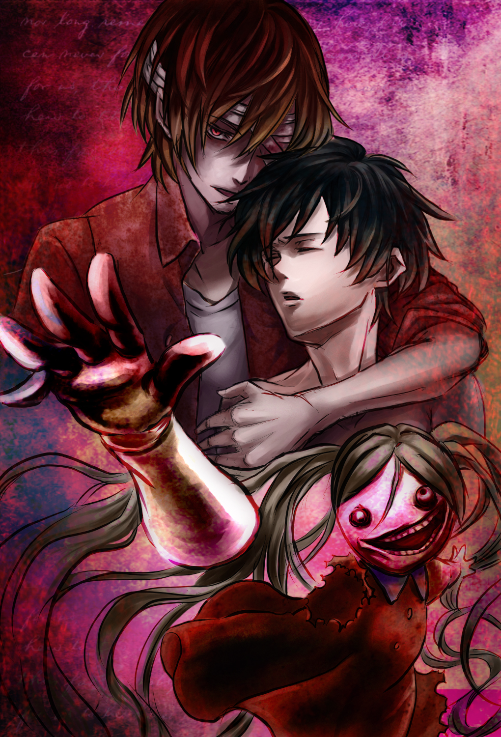 2boys, age_difference, aged_down, bandage_over_one_eye, black_hair, brown_eyes, brown_hair, brown_jacket