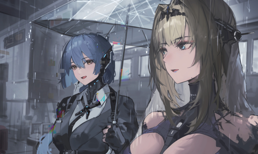 2girls, absurdres, bianca:_stigmata_(pgr), bianca_(pgr), blonde_hair, blue_eyes, blue_hair, bodysuit, breasts, chest_harness, chiko_(pgr), commentary_request, earpiece, fingerless_gloves, gloves, hair_intakes, harness, headgear, highres, holding, holding_umbrella, ian46166491, large_breasts, looking_to_the_side, multiple_girls, open_mouth, punishing:_gray_raven, rain, transparent, transparent_umbrella, umbrella, yellow_eyes