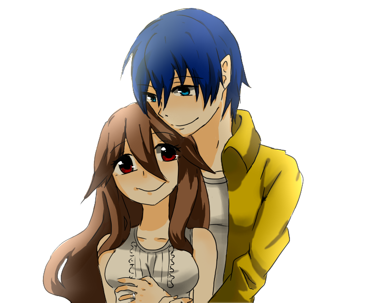 1boy, 1girl, airyou_no_nie, black_hair, blue_eyes, blue_hair, brown_eyes, dress