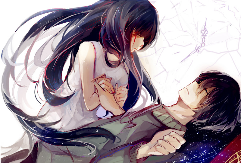 1girl, airyou_no_nie, black_hair, blood, blood_on_face, closed_eyes, dress, holding_hands