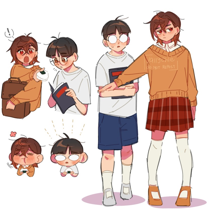 !, 1boy, 1girl, artist_name, ayase_momo, bag, black_hair, blue_shorts