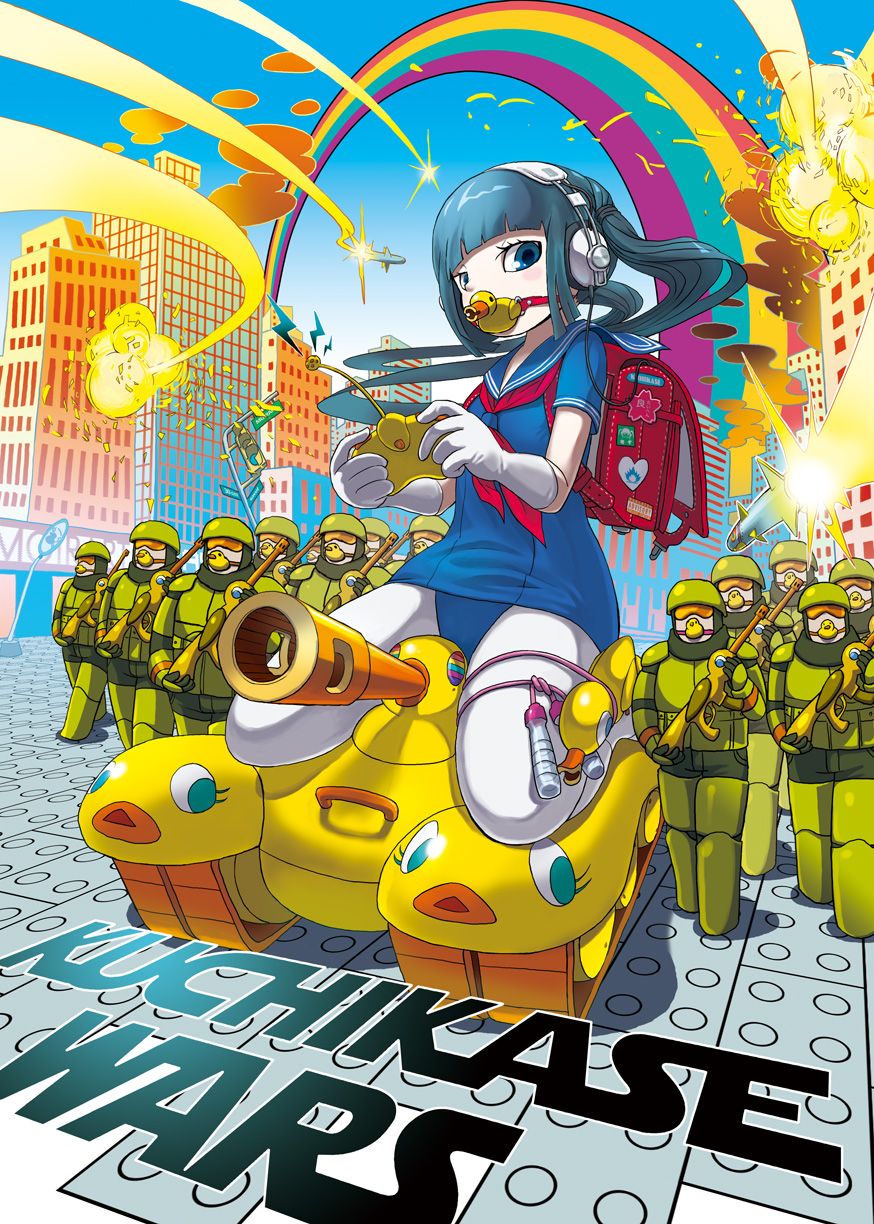 1girl, armor, backpack, bad_id, bad_pixiv_id, bag, bird, blue_eyes, blue_hair, city, controller, destruction, duck, explosion, gag, gagged, game_controller, giant, giantess, gloves, gun, headset, helmet, highres, jump_rope, kuchikase_shoujo_moira-chan, military, military_vehicle, missile, motor_vehicle, one-piece_swimsuit, original, rainbow, randoseru, rifle, rubber_duck, saboteri_(savot), school_swimsuit, school_uniform, serafuku, swimsuit, tank, vehicle, weapon