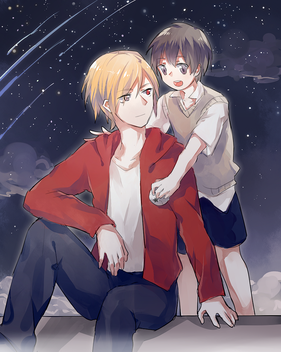 2boys, aged_down, black_hair, blue_eyes, fanziju, heterochromia, hood, hoodie