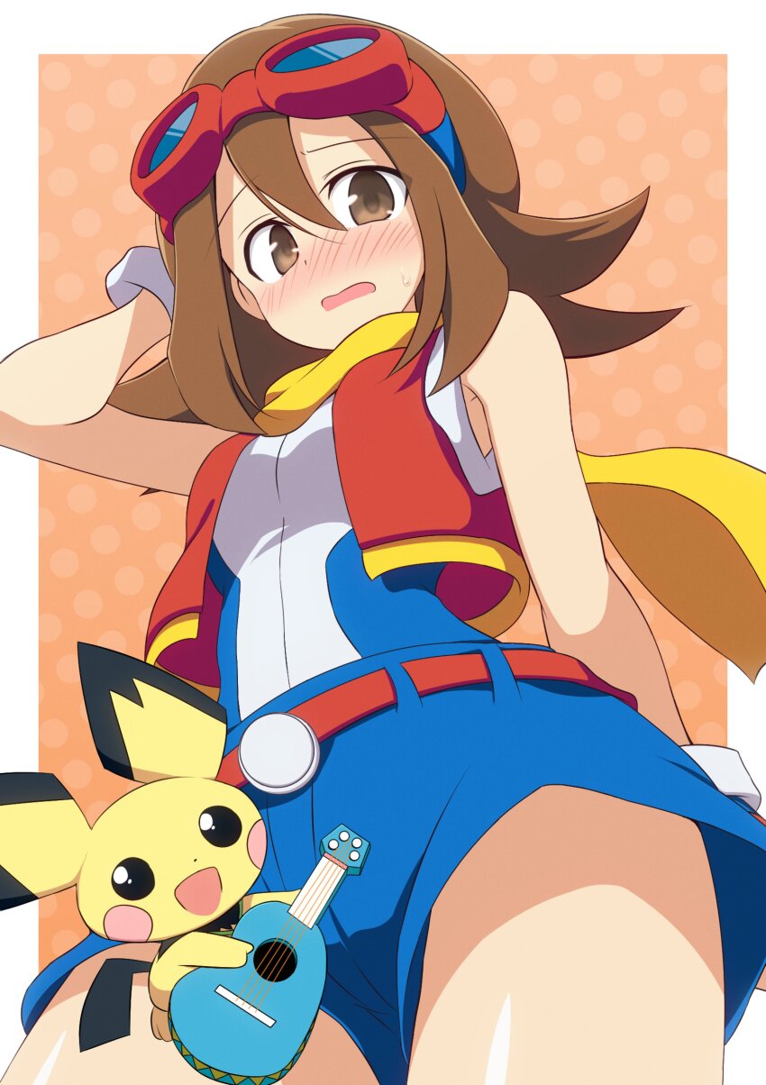 1girl, absurdres, blue_shorts, blush, brown_eyes, brown_hair, commission, curakuru