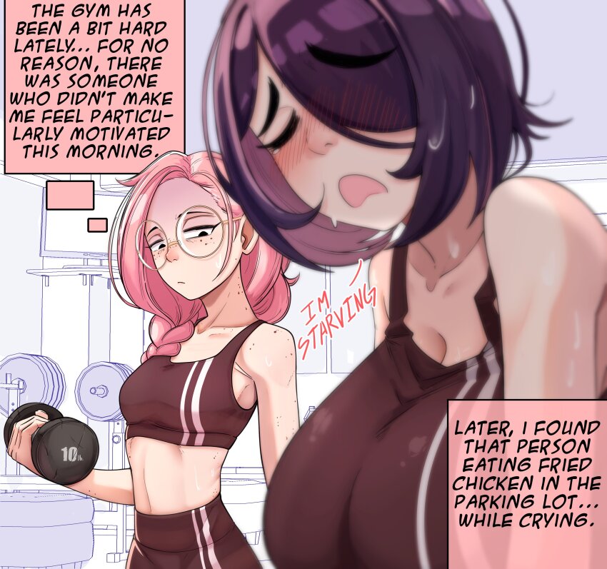 2girls, absurdres, bare_shoulders, black_eyes, black_shorts, black_sports_bra, blurry, blurry_foreground, body_freckles, braid, breast_envy, breasts, cleavage, closed_eyes, closed_mouth, collarbone, commentary, dilan_griz, dumbbell, english_commentary, english_text, freckles, glasses, hair_over_one_eye, highres, holding, holding_dumbbell, hungry, julieth_(dilan_griz), large_breasts, looking_at_breasts, medium_breasts, multiple_girls, neck_freckles, nose, one_eye_covered, open_mouth, original, parted_bangs, parted_hair, pink_hair, purple_hair, queen_(dilan_griz), raised_inner_eyebrows, round_eyewear, short_hair, shorts, shoulder_freckles, single_braid, sports_bra, stomach, sweat, tight_clothes, tight_top, very_sweaty