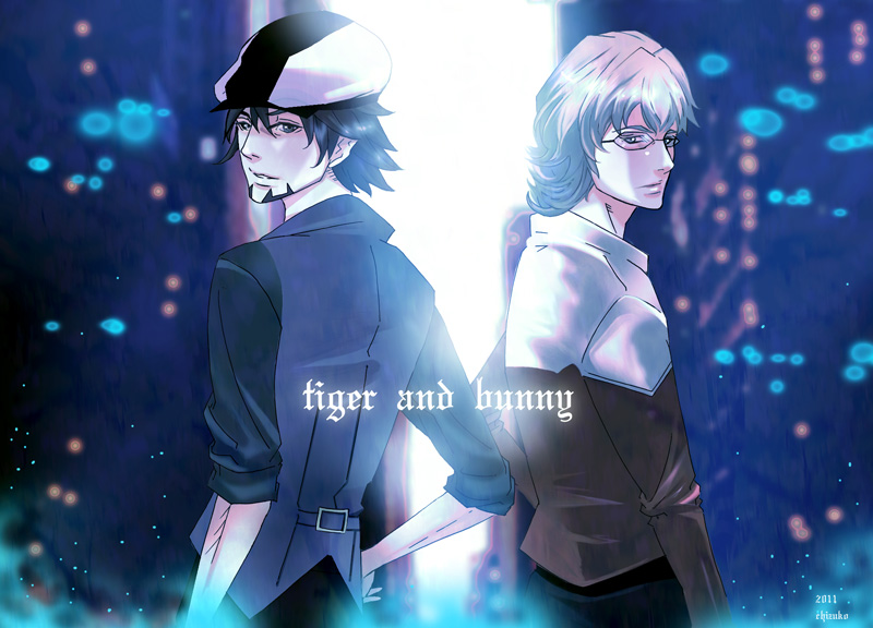 10s, 2boys, bad_id, bad_pixiv_id, barnaby_brooks_jr., blonde_hair, brown_eyes, brown_hair, newsboy_cap, chizuko, facial_hair, glasses, green_eyes, hat, jacket, kaburagi_t._kotetsu, male_focus, multiple_boys, red_jacket, short_hair, stubble, tiger_&amp;_bunny, vest, waistcoat