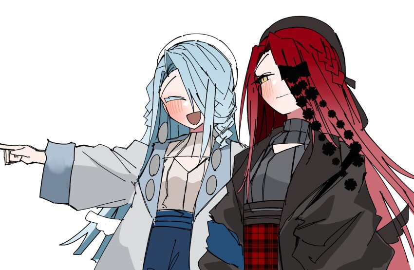 2girls, beret, black_coat, blue_hair, coat, fate/grand_order, fate_(series), gemini_mujou