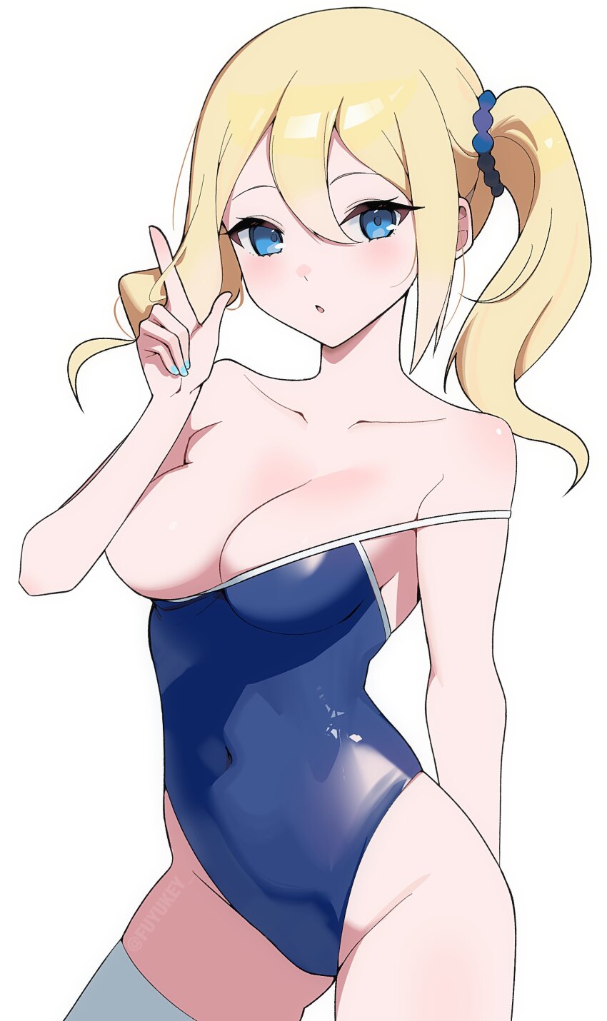 1girl, absurdres, alternate_costume, arm_behind_back, bare_shoulders, bilingual_commentary, blonde_hair, blue_eyes
