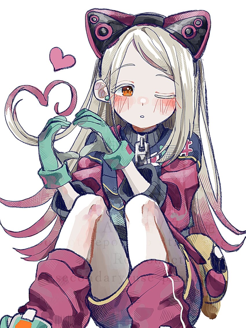 1girl, animal_ear_hairband, animal_ears, bag, blonde_hair, blue_jacket, blush, cat_ears, colored_eyelashes, cowlick, crosshatching, earrings, emoji, fake_animal_ears, feet_out_of_frame, flipped_hair, gakuen_idolmaster, gloves, gradient_hair, green_gloves, green_shoes, hairband, hands_up, hashtag-only_commentary, hatching_(texture), heart, heart_cowlick, heart_hands, highres, idolmaster, jacket, jewelry, knees_up, linear_hatching, long_hair, looking_at_viewer, loose_socks, miracle_na_now!_(idolmaster), multicolored_hair, multicolored_jacket, one_eye_closed, open_mouth, orange_eyes, parted_bangs, pink_hair, pleading_face_emoji, raguno, red_jacket, red_shorts, red_socks, shinosawa_hiro, shoes, shorts, shoulder_bag, simple_background, sitting, socks, solo, stud_earrings, watermark, white_background, yellow_bag, zipper