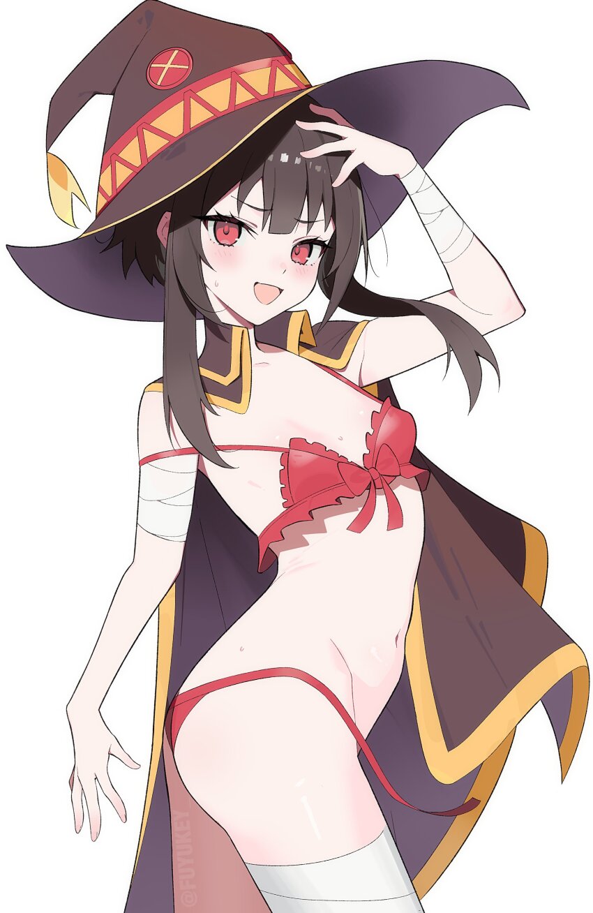 1girl, :d, absurdres, alternate_costume, bandaged_arm, bandaged_leg, bandages, bikini, bilingual_commentary, blunt_bangs, blush, bow, bow_bikini, breasts, brown_cape, brown_hair, brown_hat, cape, commentary, cowboy_shot, eyelashes, frilled_bikini, frills, from_side, fuyukey, hand_on_own_head, hand_up, hat, highres, kono_subarashii_sekai_ni_shukufuku_wo!, looking_at_viewer, megumin, mixed-language_commentary, navel, open_mouth, petite, red_bikini, red_bow, red_eyes, red_pupils, short_hair_with_long_locks, simple_background, small_breasts, smile, smug, solo, stomach, strap_slip, sweat, swimsuit, tsurime, untied_bikini_bottom, v-shaped_eyebrows, wardrobe_malfunction, white_background, witch_hat