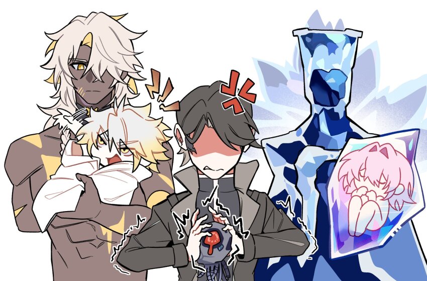 1girl, 2boys, 3others, anger_vein, angry, black_hair, black_jacket, blonde_hair