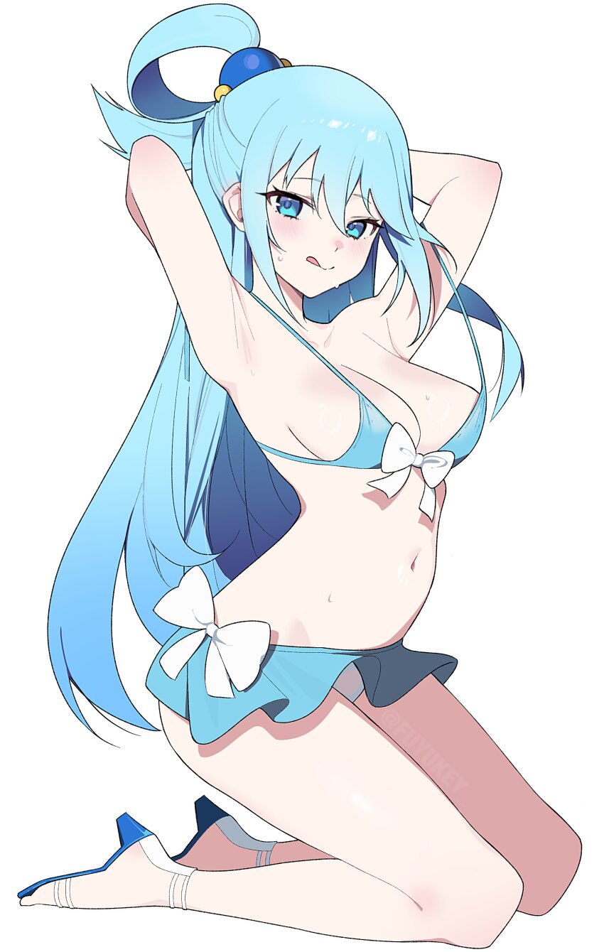 1girl, ;q, absurdres, alternate_costume, aqua_(konosuba), armpits, arms_behind_head, bikini