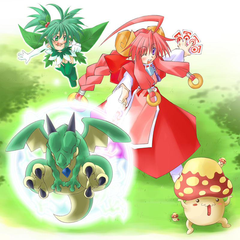 2girls, ahoge, arms_up, braid, claws, closed_eyes, commentary_request, curled_horns