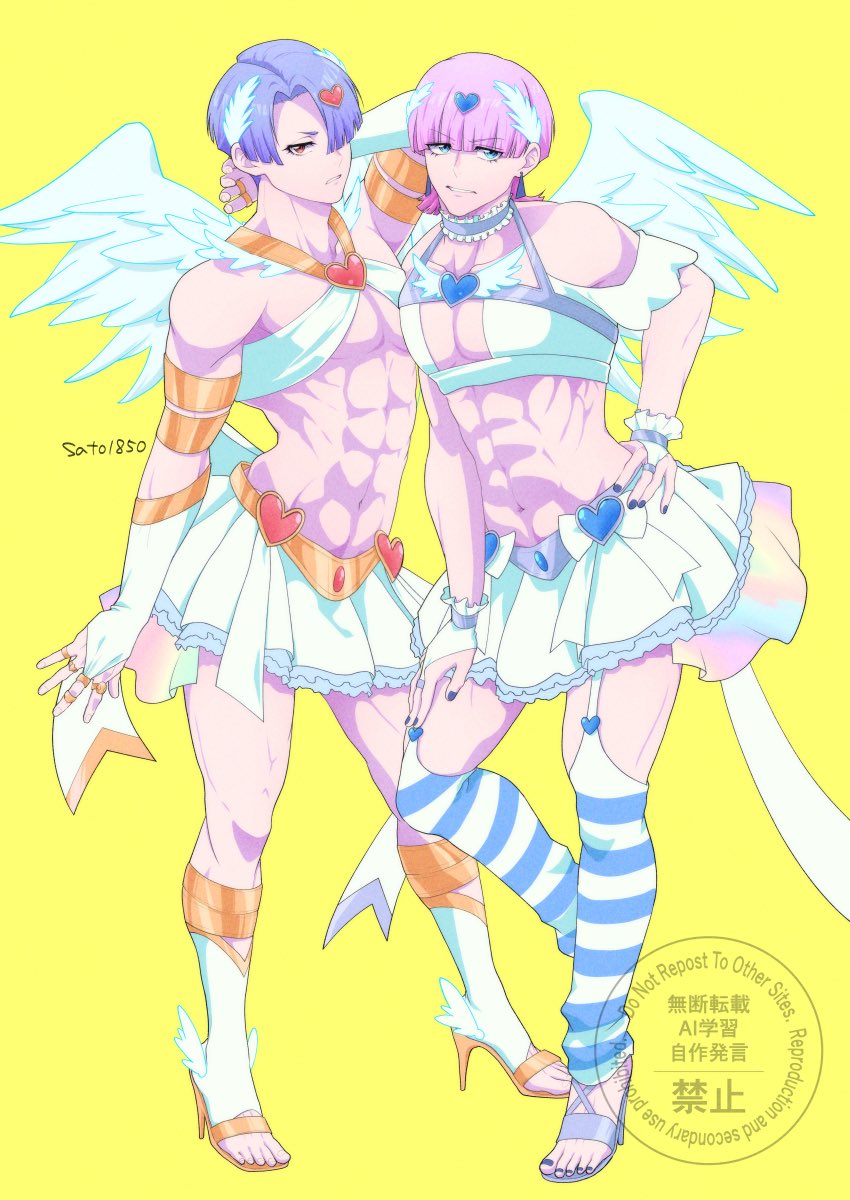 2boys, abs, angel, angel_wings, armband, artist_name, blue_eyes, blue_gem, blue_hair, blue_nails, boots, bow, brothers, choker, commentary, cosplay, costume_switch, crossdressing, crossdressing_(mtf), detached_sleeves, earrings, feathered_wings, fingerless_gloves, frilled_choker, frilled_skirt, frills, full_body, gem, gloves, grey_choker, hair_ornament, heart, heart-shaped_gem, high_heels, highres, jewelry, looking_at_viewer, midriff, multiple_boys, nail_polish, navel, panty_&amp;_stocking_with_garterbelt, panty_(psg), panty_(psg)_(cosplay), pink_hair, pleated_skirt, polyester_(psg), polyurethane_(psg), puffy_short_sleeves, puffy_sleeves, red_eyes, red_gem, ring, sato1850, short_hair, short_sleeves, siblings, signature, simple_background, skirt, standing, stocking_(psg), stocking_(psg)_(cosplay), striped_clothes, striped_thighhighs, thighhighs, toned, toned_male, watermark, white_boots, white_bow, white_choker, white_gloves, white_skirt, white_wings, wings, yellow_armband, yellow_background