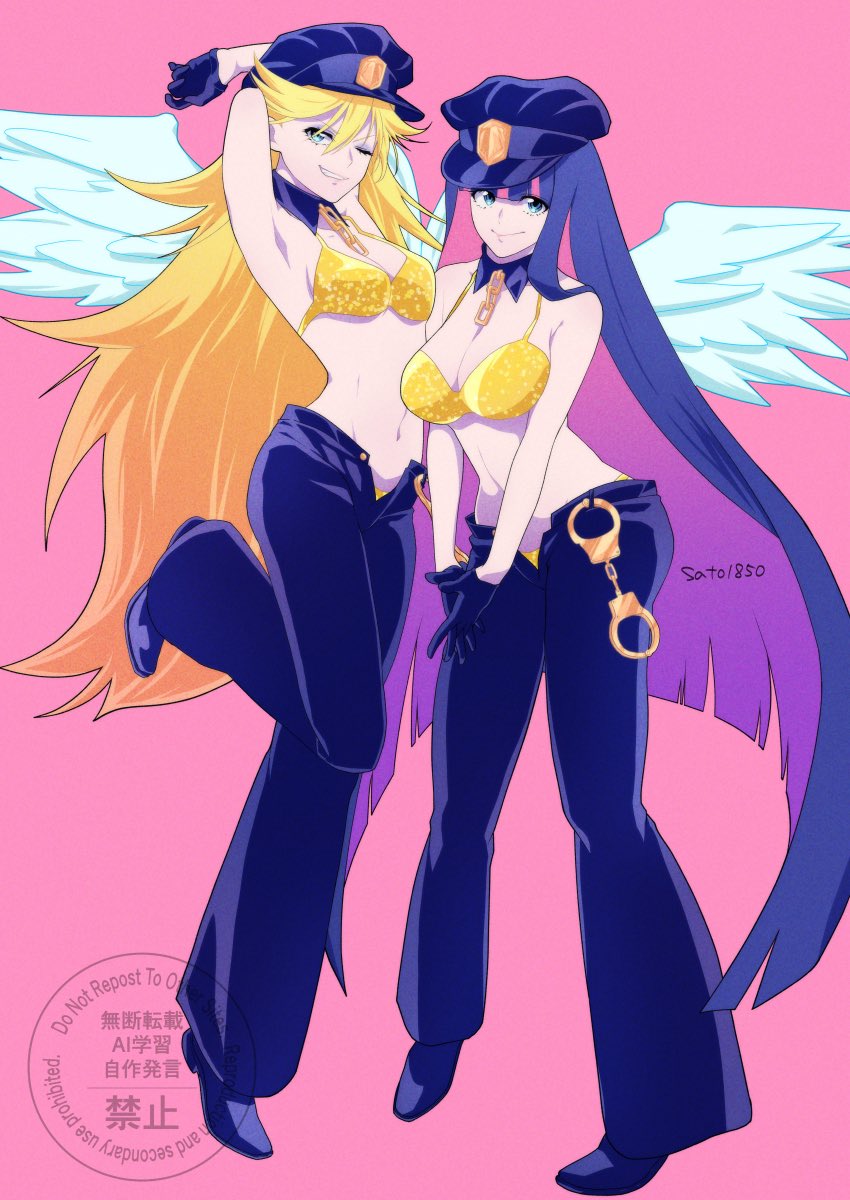 2girls, angel, artist_name, blonde_hair, blue_eyes, blunt_bangs, bra, breasts