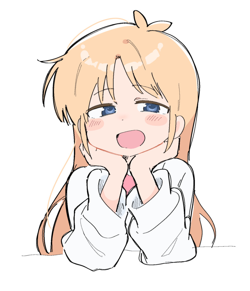 1girl, ahoge, blue_eyes, blush_stickers, coat, desk, dot_nose, hands_on_own_cheeks