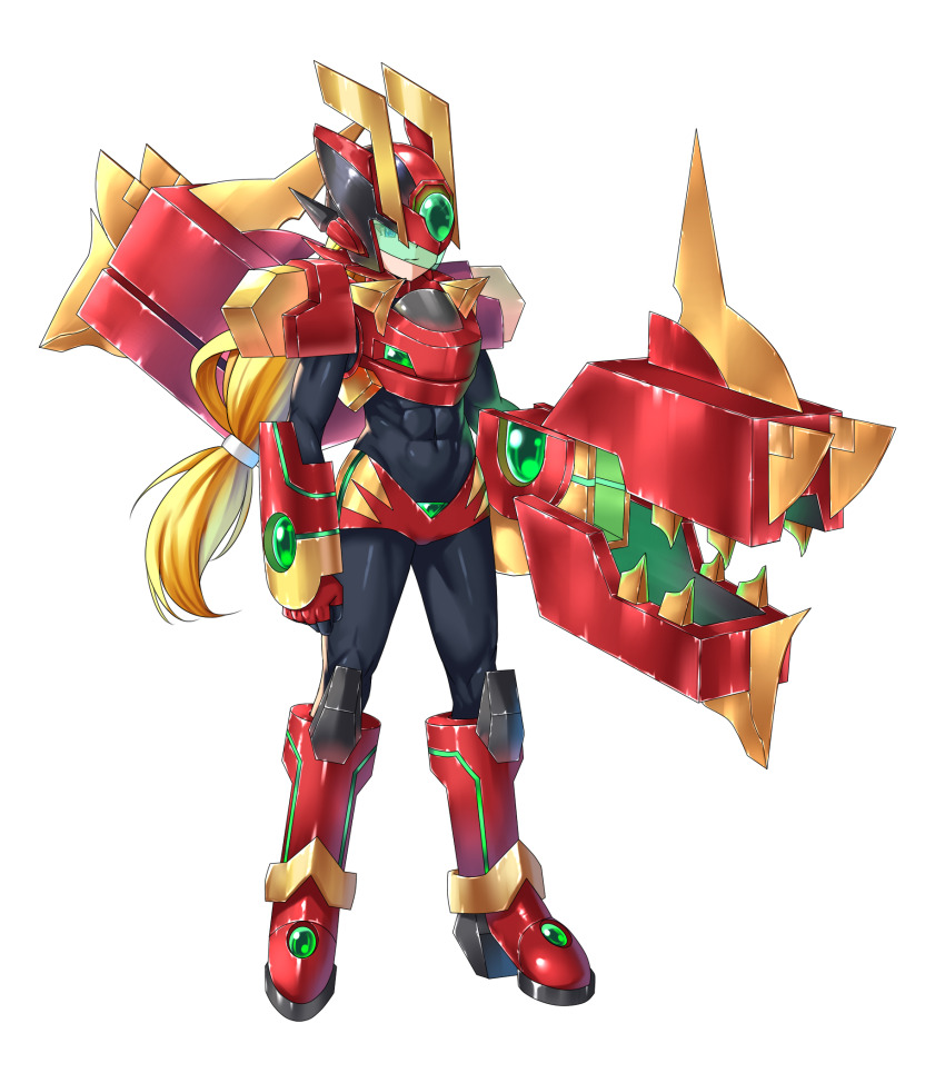 1girl, arm_cannon, armor, armored_boots, armored_gloves, assault_visor, back_holster, biometal