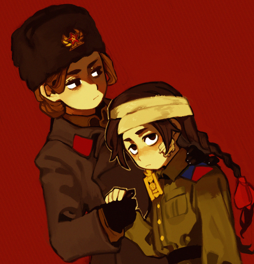 2girls, bags_under_eyes, bandage_on_face, bandaged_head, bandages, belt, black_gloves, blush