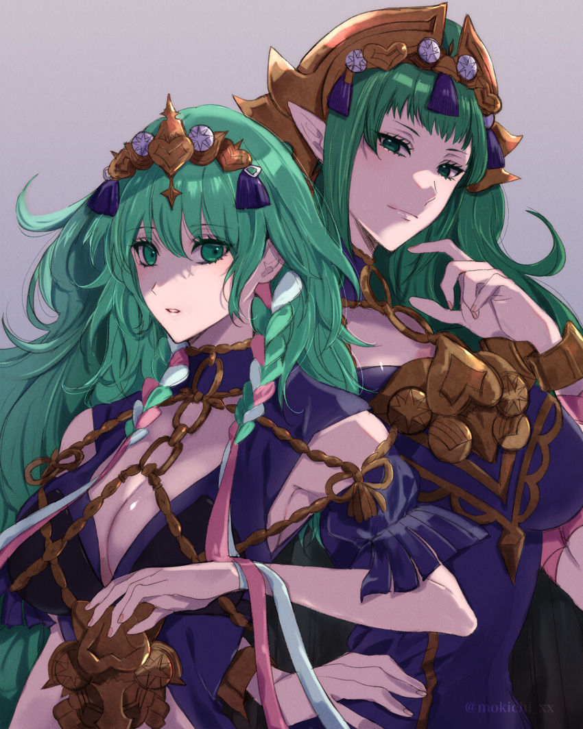 2girls, arm_wrap, braid, breasts, cleavage, closed_mouth, cosplay, dress