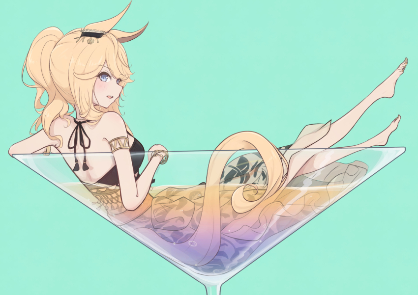 1girl, animal_ears, armlet, bare_shoulders, barefoot, bikini, black_bikini, blonde_hair