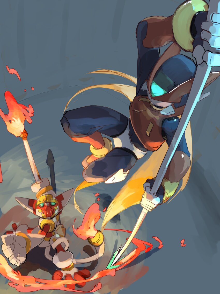 2boys, absurdres, battle, blonde_hair, commentary_request, fire, hanumachine_(mega_man), helmet