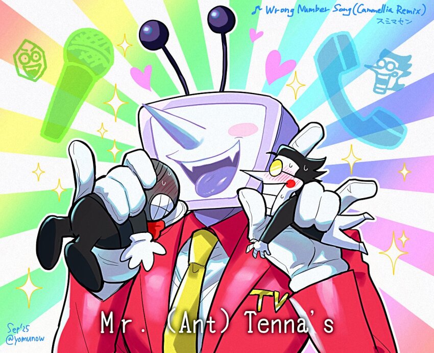 3boys, ant_tenna, black_hair, black_pants, black_shirt, blush, blush_stickers, character_name