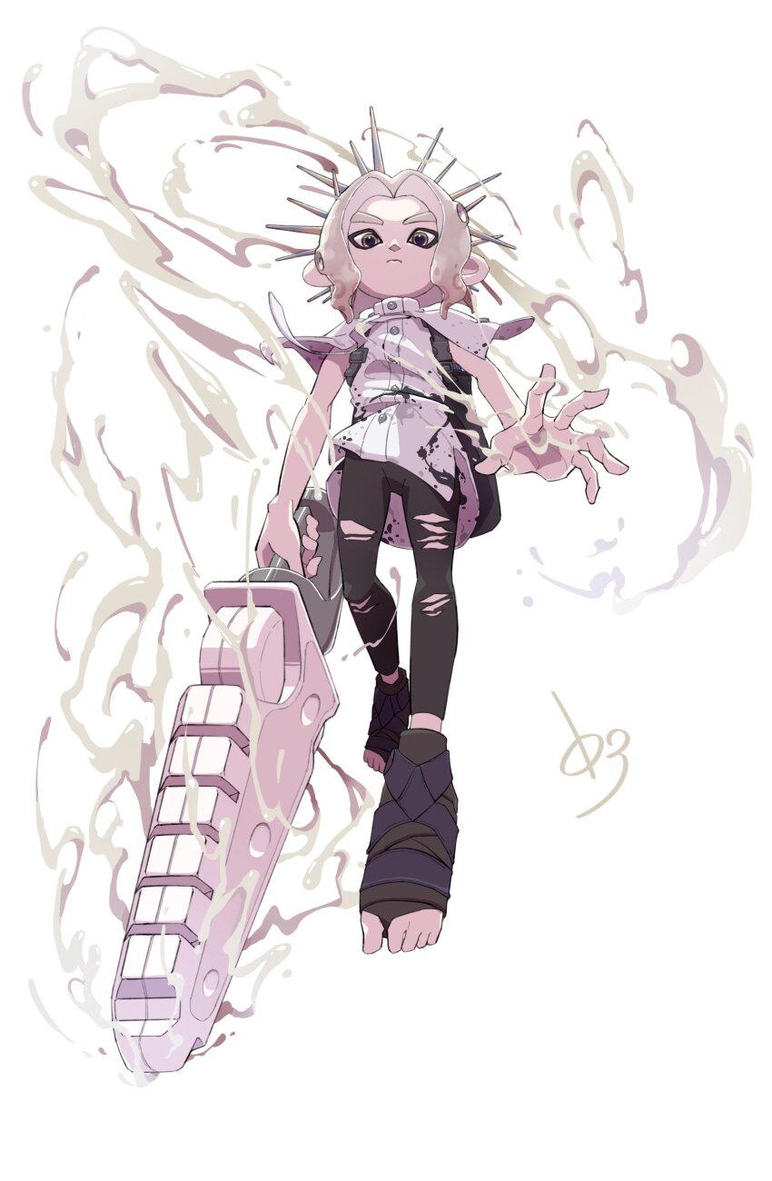 1boy, absurdres, black_pants, commentary, grey_eyes, grey_hair, highres, holding