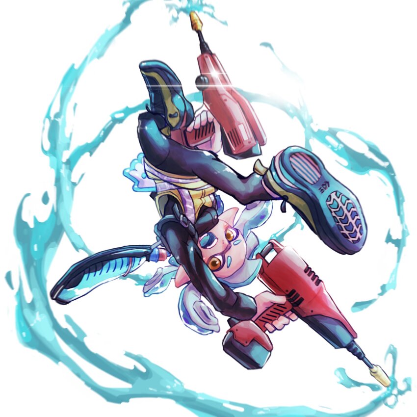 1girl, absurdres, black_leggings, blue_hair, commentary_request, dual_wielding, dualie_squelchers_(splatoon), glint