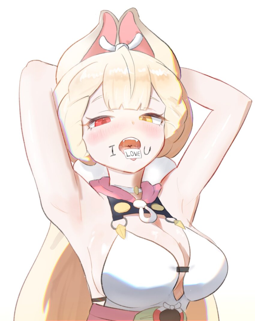 1girl, alice_thymefield, alice_thymefield_(sea_of_thyme), animal_ears, armpits, arms_behind_head, bare_shoulders, blonde_hair, blush, breasts, collar, drawing_on_own_face, dress_swimsuit, drooling, fangs, hair_ornament, heterochromia, highres, kesiutu, long_hair, looking_at_viewer, official_alternate_costume, one-piece_swimsuit, paper, paper_in_mouth, rabbit_ears, rabbit_girl, red_eyes, saliva, solo, sphere_hair_ornament, swimsuit, teeth, tongue, tongue_out, twintails, white_background, white_one-piece_swimsuit, yellow_eyes, zenless_zone_zero