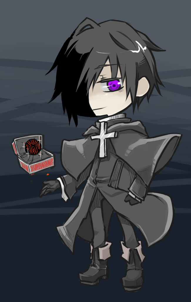1boy, black_hair, book, boots, box, capelet, cross, cthulhu_mythos, gloves, male_focus, nyarlathotep, personification, purple_eyes, sca07cpm0005tm, short_hair, smirk, solo