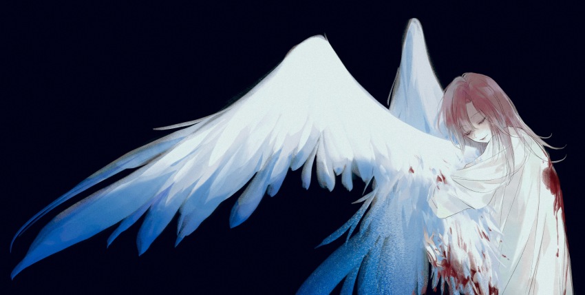 1girl, absurdres, alternate_costume, angel_wings, black_background, blood, blood_on_back, blood_on_clothes