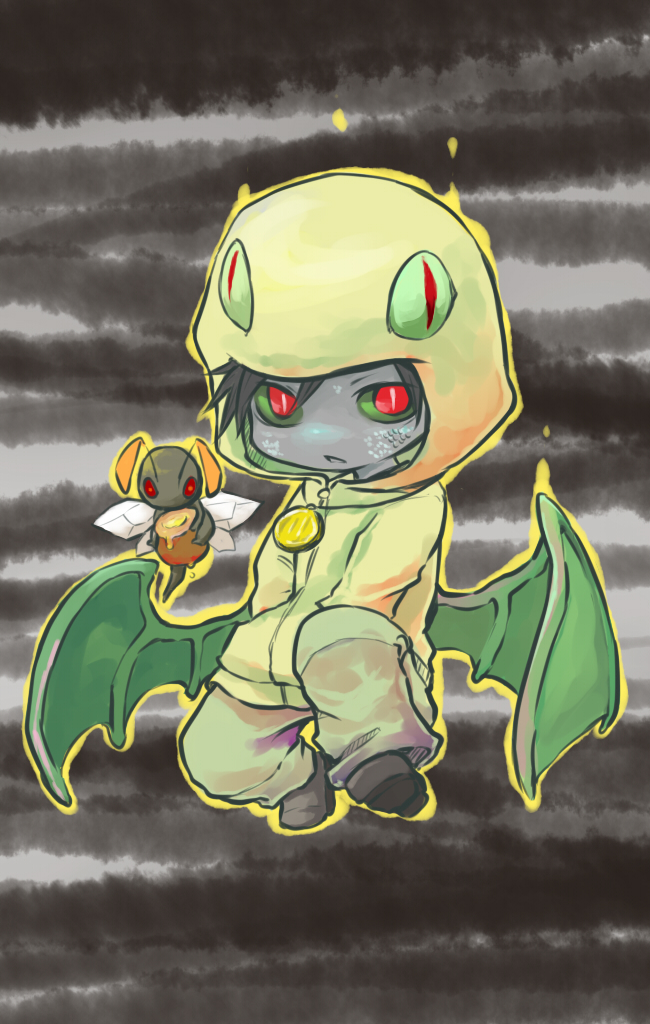 1boy, :<, black_hair, bug, cthulhu_mythos, frown, green_eyes, hands_in_pockets, hastur, honey, hood, hoodie, male_focus, multicolored_eyes, open_mouth, personification, red_eyes, sca07cpm0005tm, short_hair, solo, wings