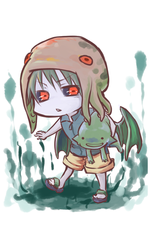 1boy, cthulhu, cthulhu_mythos, green_hair, male_focus, open_mouth, personification, red_eyes