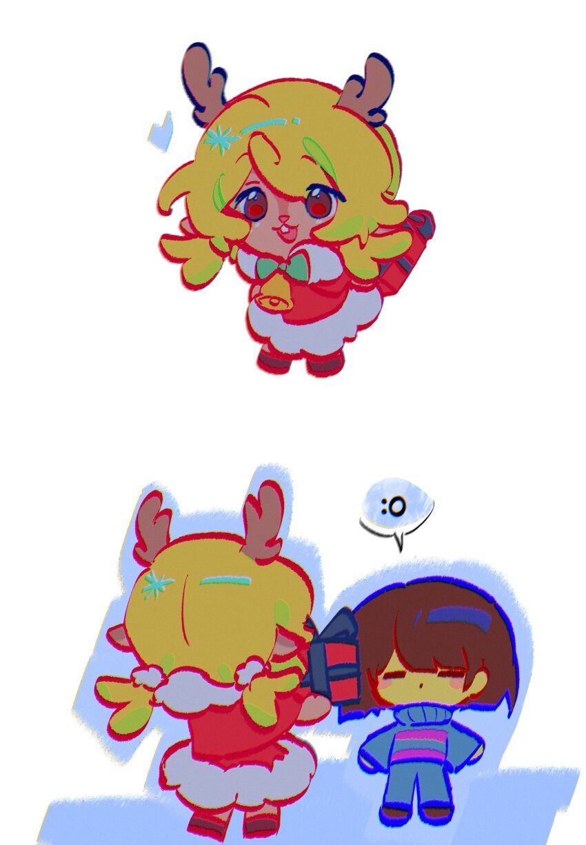 1girl, 1other, :o, absurdres, antlers, bell, blonde_hair, blue_pants, blue_sweater, box, brown_eyes, brown_hair, colored_skin, commentary, deer_antlers, deer_girl, double_horizontal_stripe, dress, english_commentary, erynecad, frisk_(undertale), fur-trimmed_dress, fur_trim, furry, furry_female, gift, gift_box, highres, holding, holding_gift, horns, low_twintails, neck_bell, noelle_holiday, open_mouth, pants, red_dress, short_hair, smile, spoken_expression, striped_clothes, striped_sweater, sweater, twintails, undertale, utdr_(toby_fox), yellow_skin