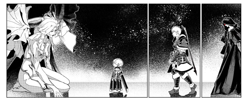 1boy, 1girl, 1other, ardbert_hylfyst, azem_(ff14), border, capelet, final_fantasy