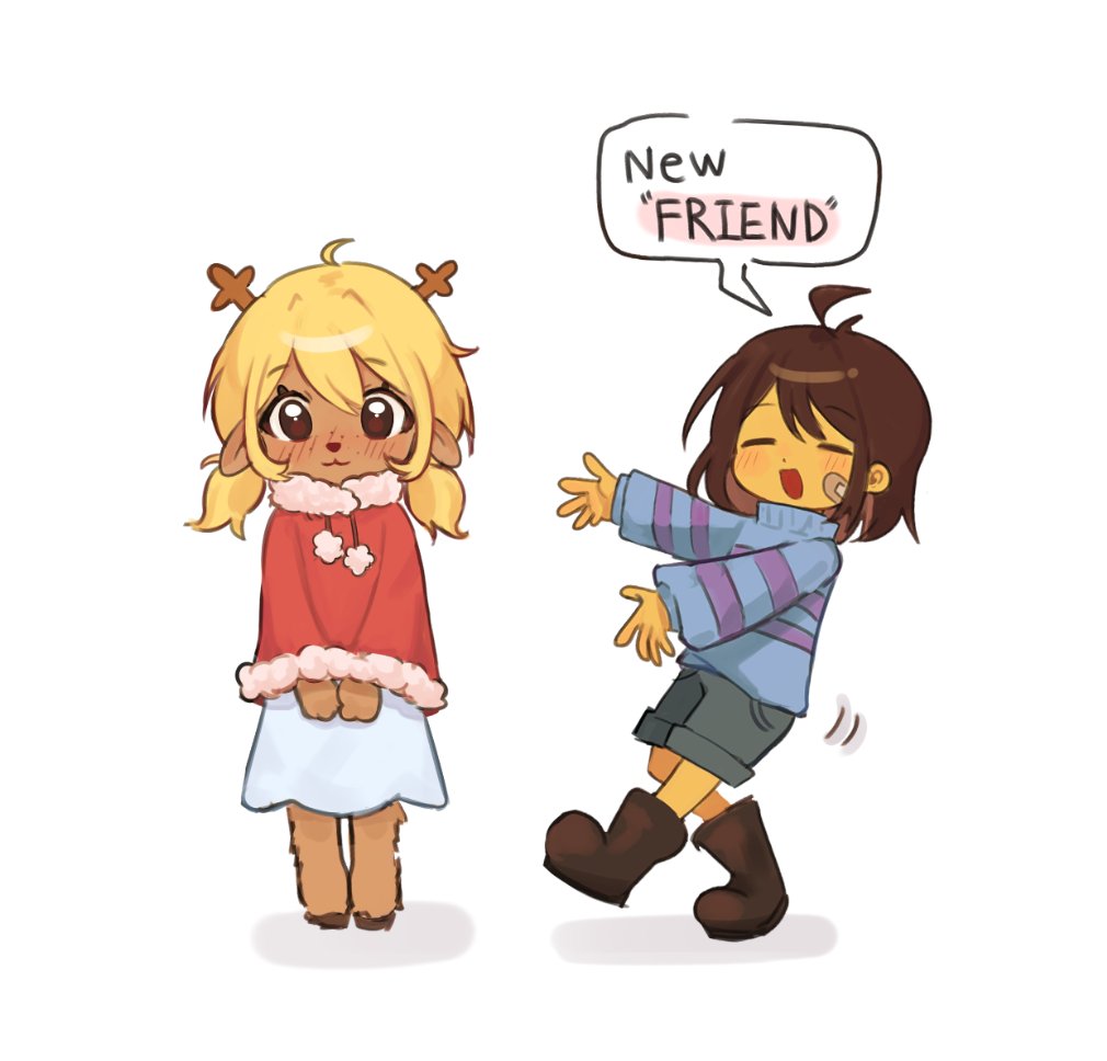 1girl, 1other, animal_ears, antlers, bandaid, bandaid_on_face, blonde_hair, boots, brown_boots, brown_hair, commentary, deer_antlers, deer_ears, deer_girl, deltarunelv, double_horizontal_stripe, english_commentary, english_text, frisk_(undertale), fur-trimmed_sweater, fur_trim, furry, furry_female, grey_shorts, horns, long_hair, low_twintails, noelle_holiday, open_mouth, red_sweater, shorts, skirt, speech_bubble, striped_clothes, striped_sweater, sweater, twintails, undertale, utdr_(toby_fox), v_arms, white_skirt