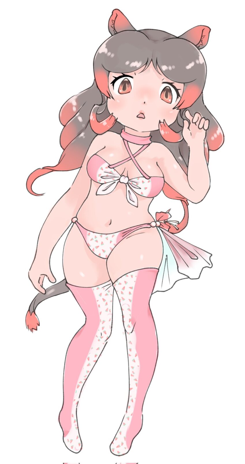 1girl, alternate_costume, animal_ears, bikini, brown_eyes, gradient_hair, grey_hair, highres, hippopotamus_(kemono_friends), hippopotamus_ears, kemono_friends, looking_at_viewer, multicolored_hair, open_mouth, purple_hippo, red_hair, solo, swimsuit, tail, white_background