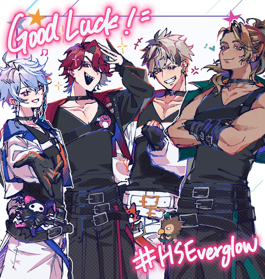 4boys, anger_vein, arm_up, beckoning, belt, bird, black_belt, black_choker