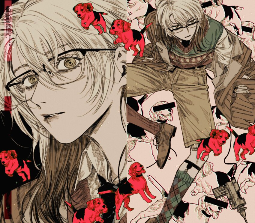 1other, asymmetrical_legwear, beagle, brown_hair, brown_shorts, colored_tips, dog, foot_out_of_frame