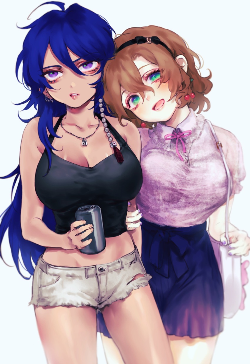 2girls, absurdres, aegyo_sal, ahoge, arisugawa_dice, arm_at_side, bag, black_hairband