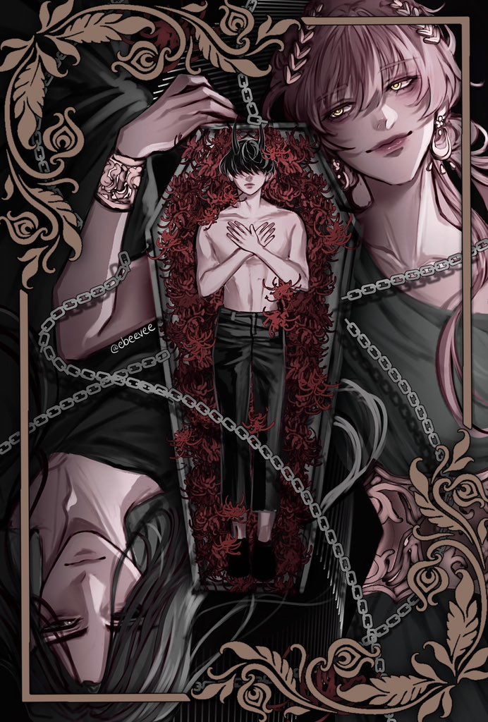 1girl, 2boys, bangle, black_eyes, black_hair, border, bracelet, chain