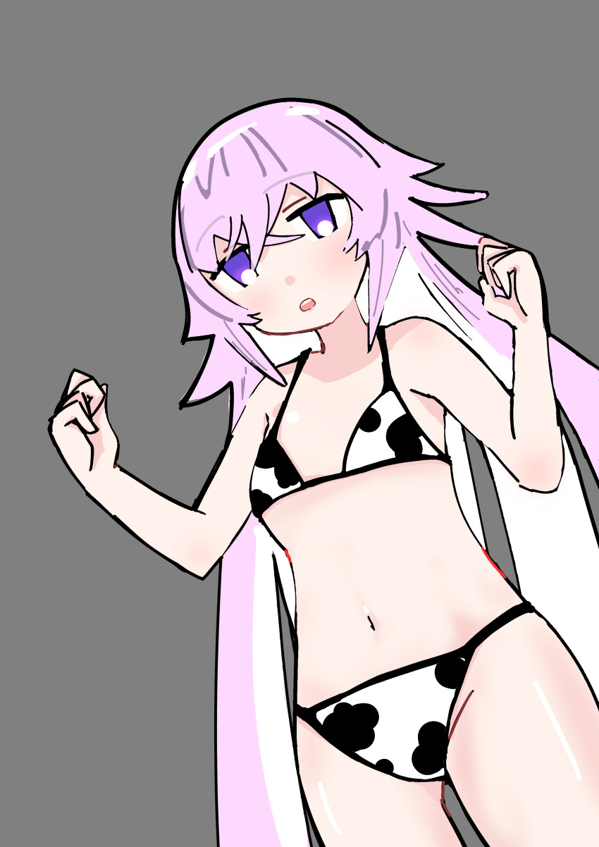 1girl, absurdres, animal_print, bikini, clenched_hands, cow_print, cow_print_bikini, grimms_notes, hands_up, highres, kurahutooniki, magic_mirror_(grimms_notes), navel, parted_lips, print_bikini, purple_eyes, purple_hair, solo, standing, swimsuit, teeth, upper_teeth_only