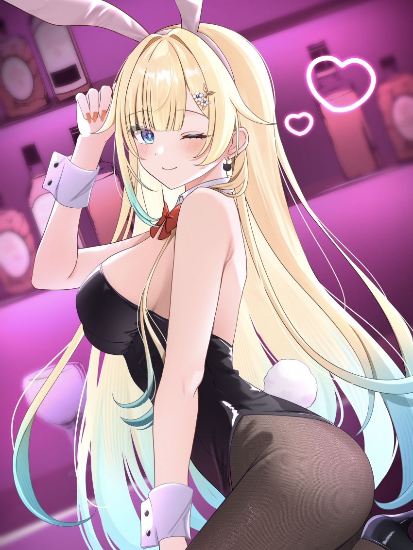 1girl, ;), absurdres, aizawa_ema, animal_ear_hairband, animal_ears, aqua_hair, aqua_streaks, bar_(place), bare_arms, bare_shoulders, black_leotard, black_shoes, blonde_hair, blue_eyes, bow, bowtie, breasts, cat_earrings, closed_navel, commentary_request, detached_collar, earrings, fake_animal_ears, fishnet_pantyhose, fishnets, from_side, hair_flaps, hairband, hand_up, high_heels, highleg, highleg_leotard, highres, indoors, jewelry, large_breasts, leotard, long_hair, looking_at_viewer, one_eye_closed, pantyhose, playboy_bunny, rabbit_ear_hairband, rabbit_ears, rabbit_tail, red_bow, red_bowtie, shoes, sideboob, smile, solo, strapless, strapless_leotard, tail, very_long_hair, virtual_youtuber, vspo!, white_wrist_cuffs, wrist_cuffs, ysnhryk